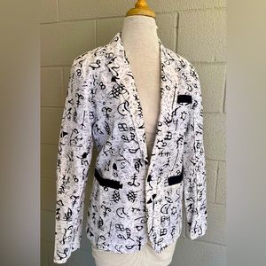 MYMSTORM White Black Asian Figural Print  Blazer Tuxedo Smoking Jacket Sz M